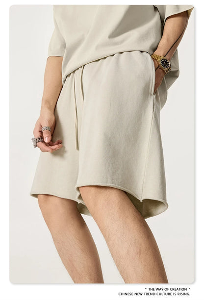 ZODF Retro Summer Washed 370gsm Cotton Shorts For Men Unisex High Street Loose Edge Distressed Solid Shorts Brand Clothes HY1023