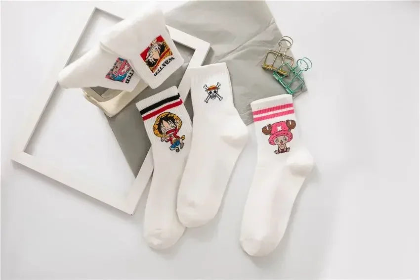5Pair Anime One Piece Socks Cartoon Luffy Chopper Student Cotton White Long Short Boat Socks Printed Knitted Socks Children Gift