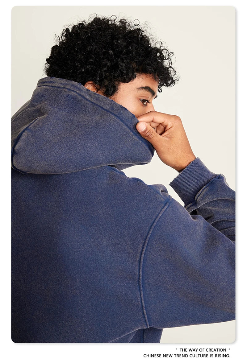 ZODF Winter Autum Men's Washed 400gsm Fleece Hoodies Unisex Couple Retro Oversized Ripped Hooded Sweatshirts Pullovers HY0652