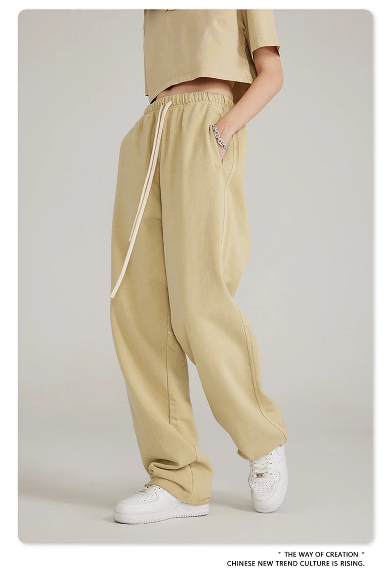 ZODF 2023 Spring Men 380gsm Washed Cotton Pants American Retro Unisex Loose Edge Oversized Straight Trousers Streetwears HY0537