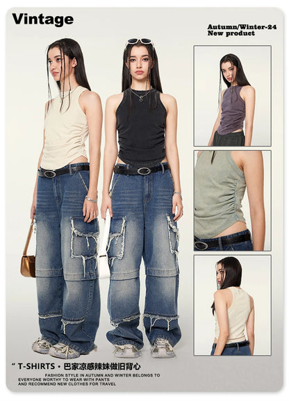 ZODF Women 2024 Summer Washed Tank Tops Female Hotsweet Girls 235gsm Slim Pleated Arc Hem Camisole TEE Streetwears HY0795