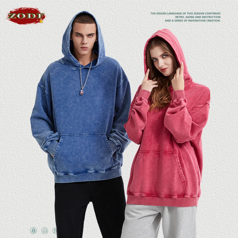 ZODF Autumn Winter Men 420gsm Heavyweight Washed Cotton Hoodie Streetwear Sweatshirt HY0307
