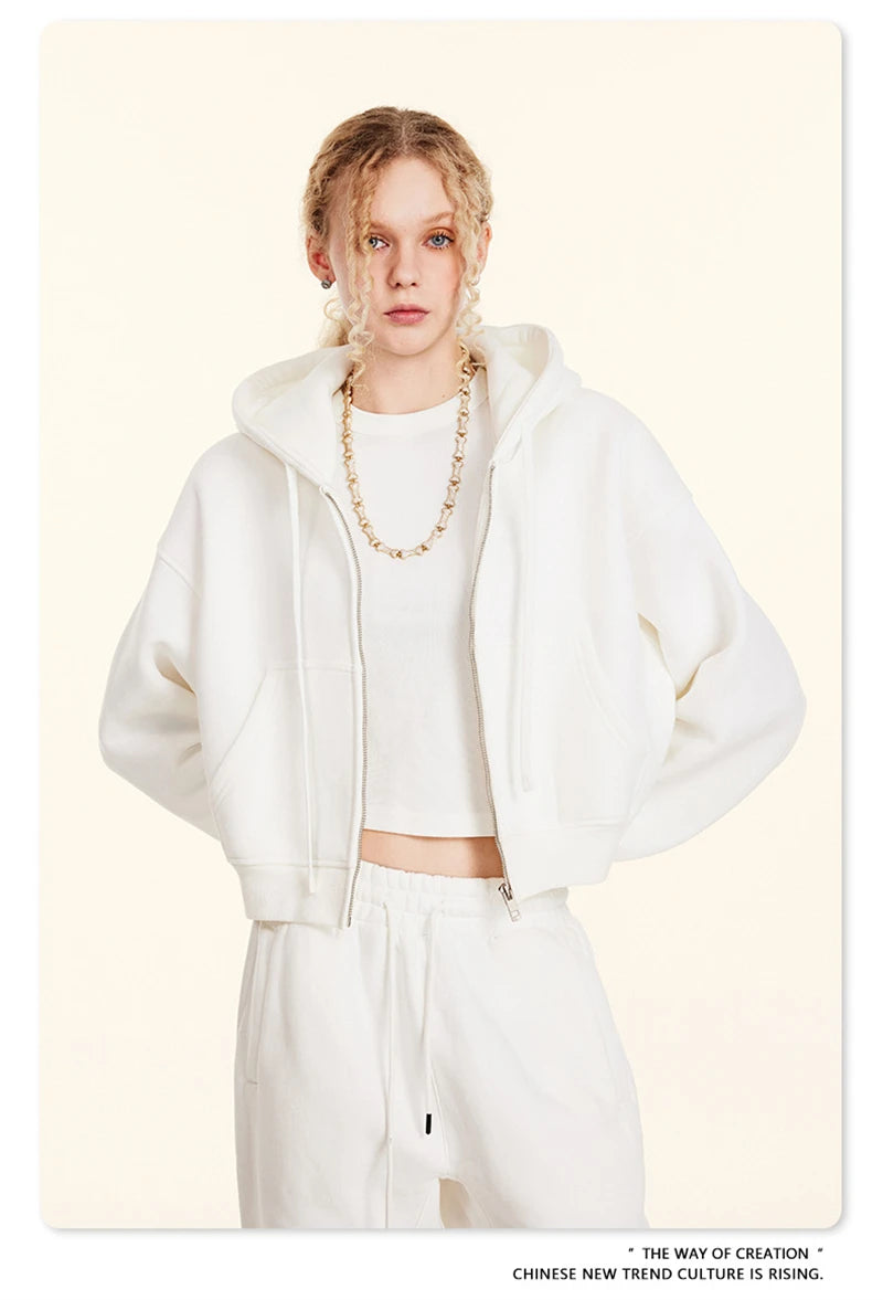 ZODF 2024 Winter Women Zipper Crop Hoodies Female Girls Solid 345gsm Warm Fleece Short Hooded Zip-Up Coat HY0911