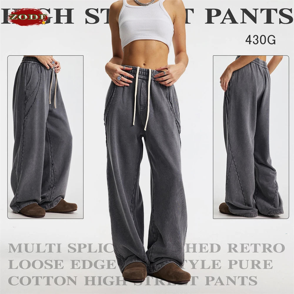ZODF Retro 2025 Autumn Man Washed Cotton Straight Pants Unisex 430gsm Distressed Patchwork Oversized Trousers Sweatpants HY1168