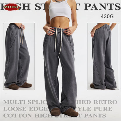 ZODF Retro 2025 Autumn Man Washed Cotton Straight Pants Unisex 430gsm Distressed Patchwork Oversized Trousers Sweatpants HY1168