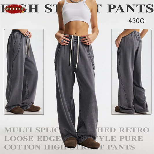 ZODF Retro 2025 Autumn Man Washed Cotton Straight Pants Unisex 430gsm Distressed Patchwork Oversized Trousers Sweatpants HY1168