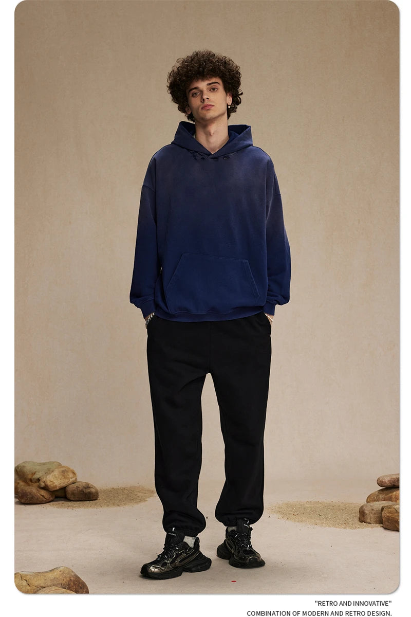 ZODF Retro Men's Heavyweight Gradient Washed Hoodies Unisex Loose Distressed Holes 450gsm Knitted Hooded Pullovers HY0891