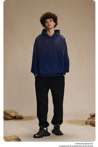 ZODF Retro Men's Heavyweight Gradient Washed Hoodies Unisex Loose Distressed Holes 450gsm Knitted Hooded Pullovers HY0891