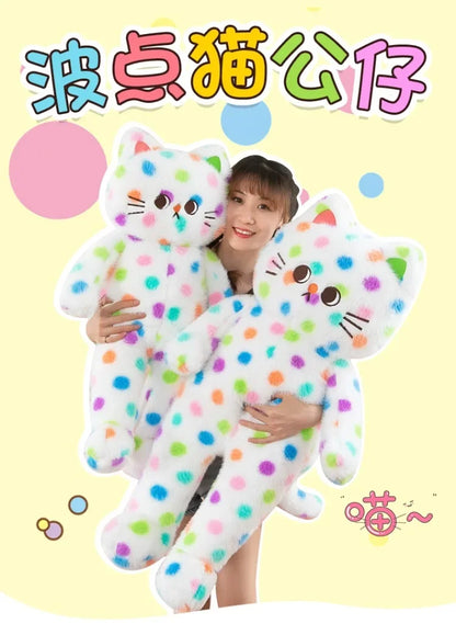 45-80cm Kawaii Wave Point Cat Plush Toy Doll Pillow Cushion Cartoon White Red Large Size Sleeping Plush Doll Gift for Girlfriend