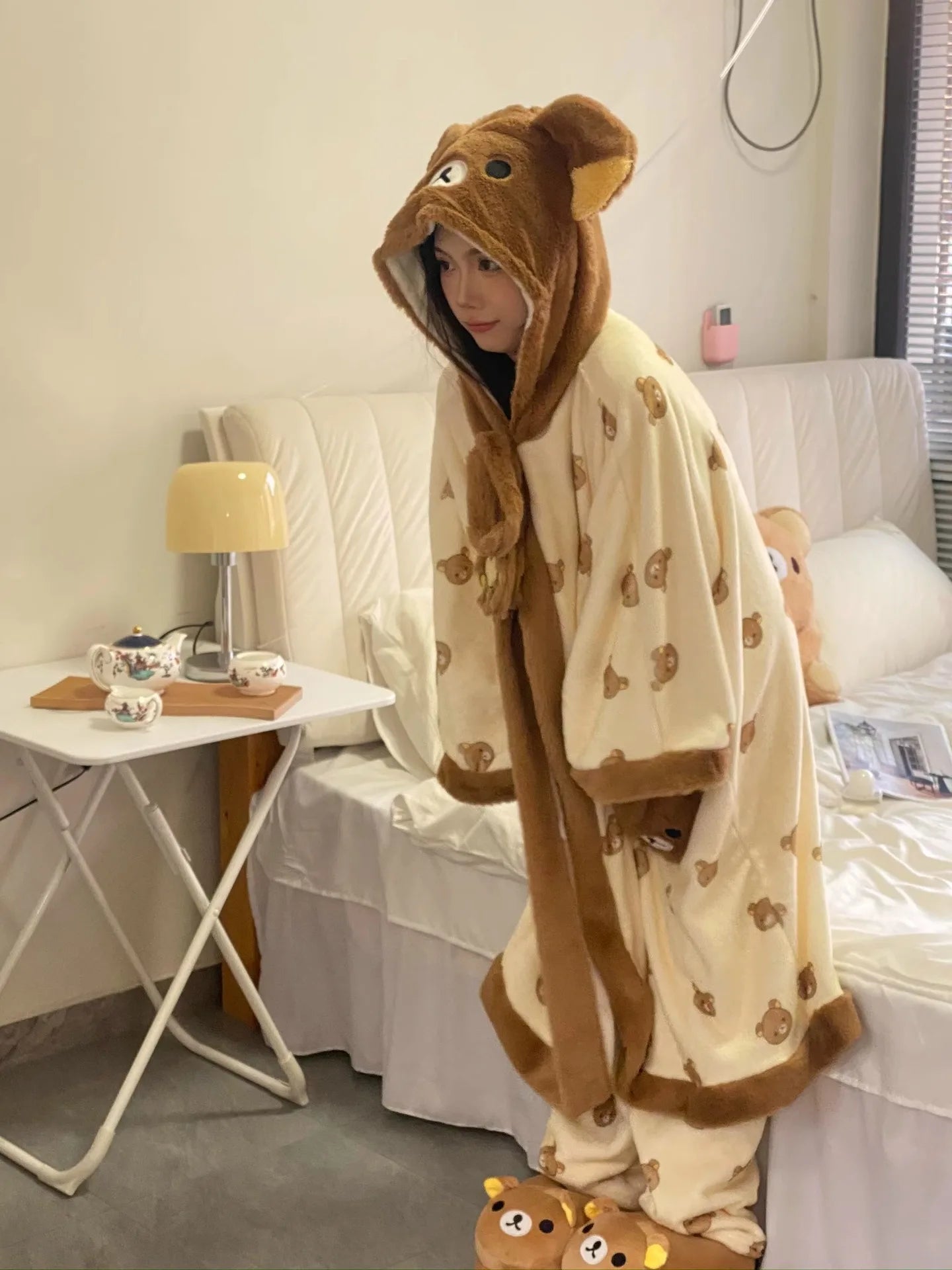 Rilakkuma Women'S Fleece-Lined Thickened Robe Coral Fleece Flannel Hooded Home Clothes Warm Nightgowns Casual Wear For Going Out