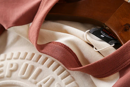 Summer New American Retro Long-sleeved O-neck 3D Letter Printed T-shirt Men's Fashion Simple 100%Cotton Washed Casual Sport Tops