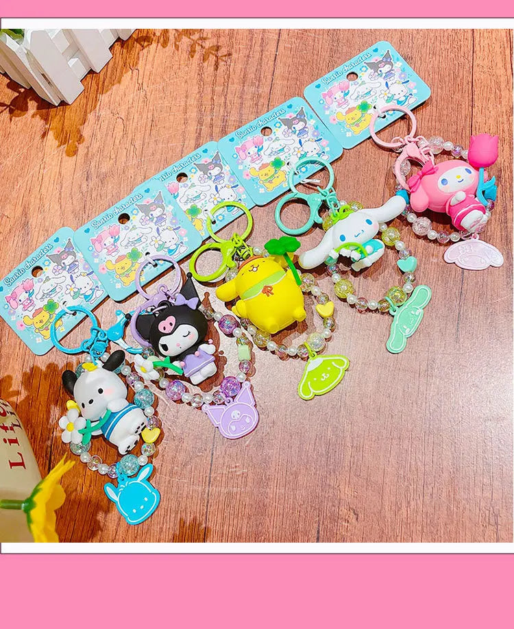 Sanrio Cartoon Animal Kuromi Pompom Purin Cinnamoroll Melody Pachacoo Pendant Keychain Key Ring Action Figure Model Toy Gifts