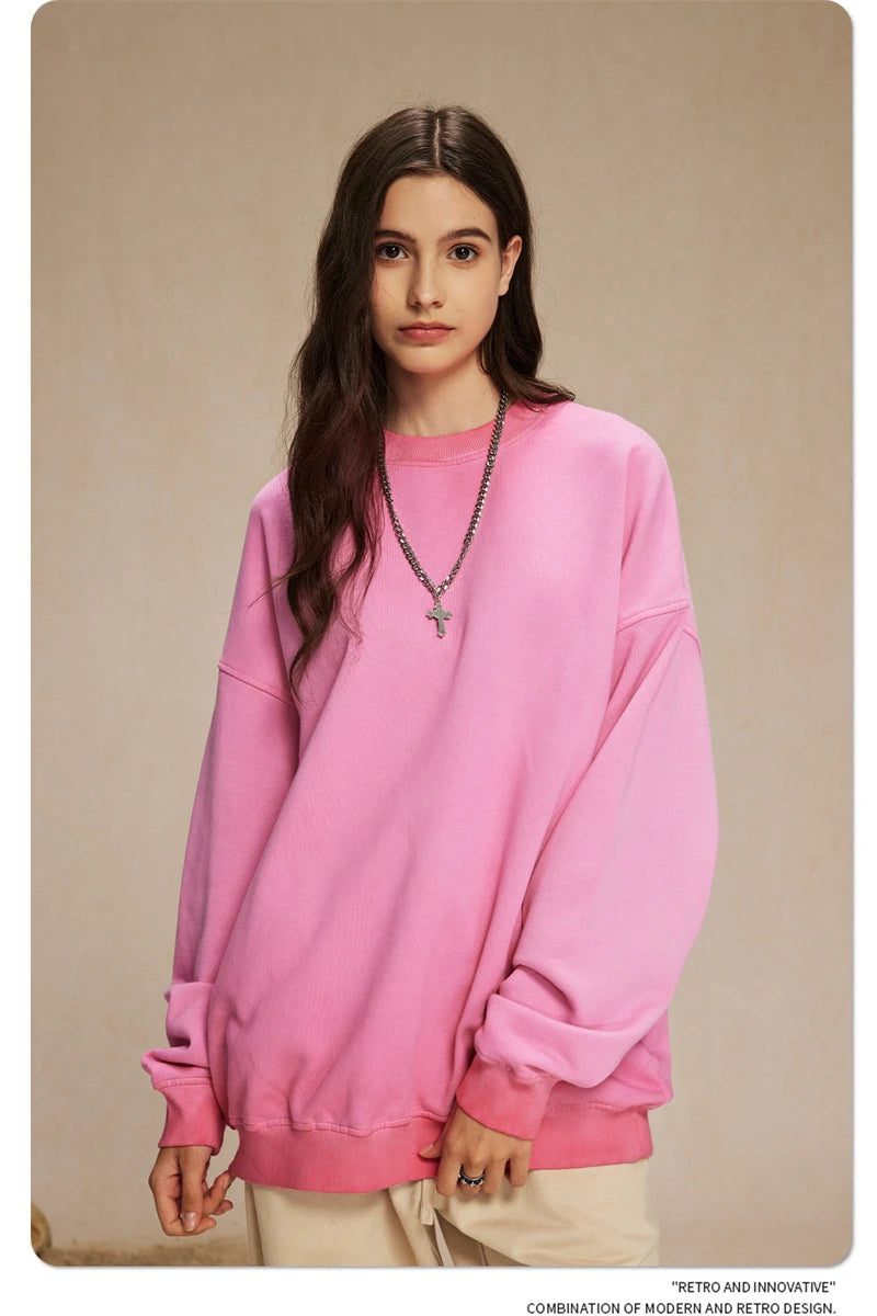 ZODF 2024 Autumn Men's Washed Sweatshirt Unisex Women Retro Solid 430gsm Terry Cotton O Neck Pullovers Coat HY0880