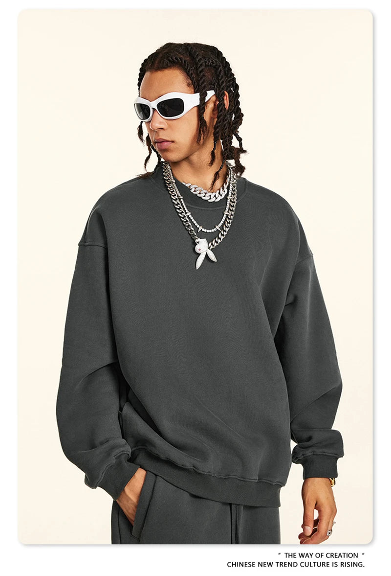 ZODF 2024 Winter Men 345gsm Fleece Sweatshirts Unisex Women Casual Loose Warm Solid O-Neck Pullovers Streetwears HY0865