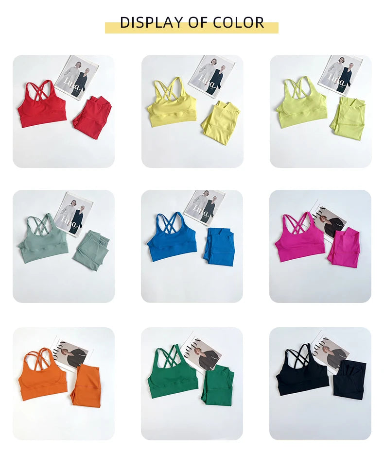 2 Pieces Yoga Set Women Gym Set Workout Clothes Sports Suits High Waist Leggings Cross Straps Fitness Bra Top Running Tracksuit