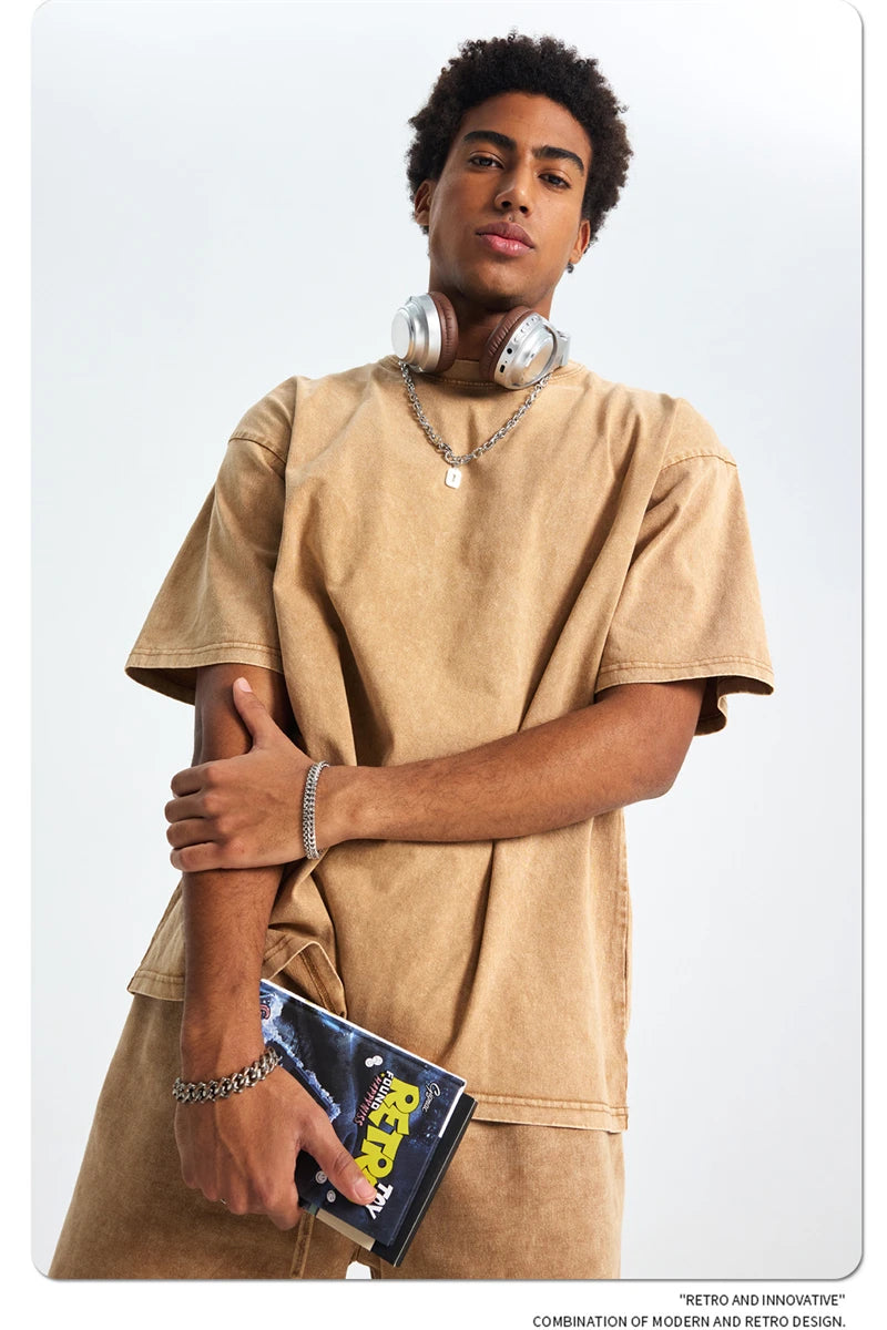 ZODF 2025 High Street Summer Washed Cotton Unisex Loose Retro Solid T-Shirt HY0113