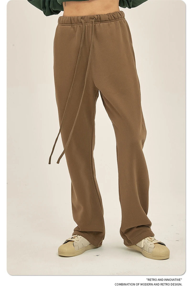 ZODF Fashion 2024 Men Loose Straight Pants Unisex 365gsm Retro Comfortable Sport Solid Drawstring Trousers HY0588