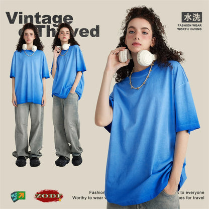 ZODF 2023 Men's Summer 255G Wash Gradient Fried Cotton T Shirt Round Neck Short Sleeve American Retro Loose T-Shirt HY0547