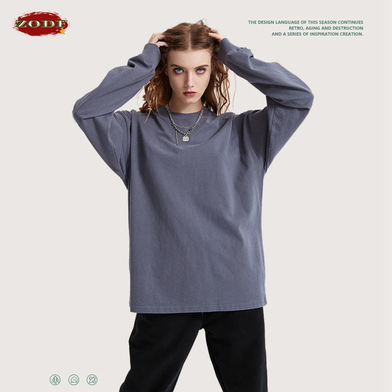 ZODF Retro Autumn Full Sleeve Washed 100% Cotton T-Shirts For Men Unisex Solid Casual Loose 310gsm Tee Brand Tops HY0405
