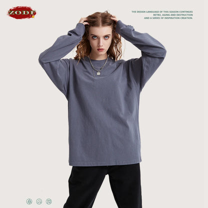 ZODF Retro Autumn Full Sleeve Washed 100% Cotton T-Shirts For Men Unisex Solid Casual Loose 310gsm Tee Brand Tops HY0405