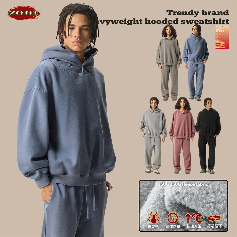 ZODF Vintage 350gsm Man Washed Boxy Fleece Hoodie Unisex Loose Ripped Warm Button Winter Hooded Pullovers Brand Clothing HY0053