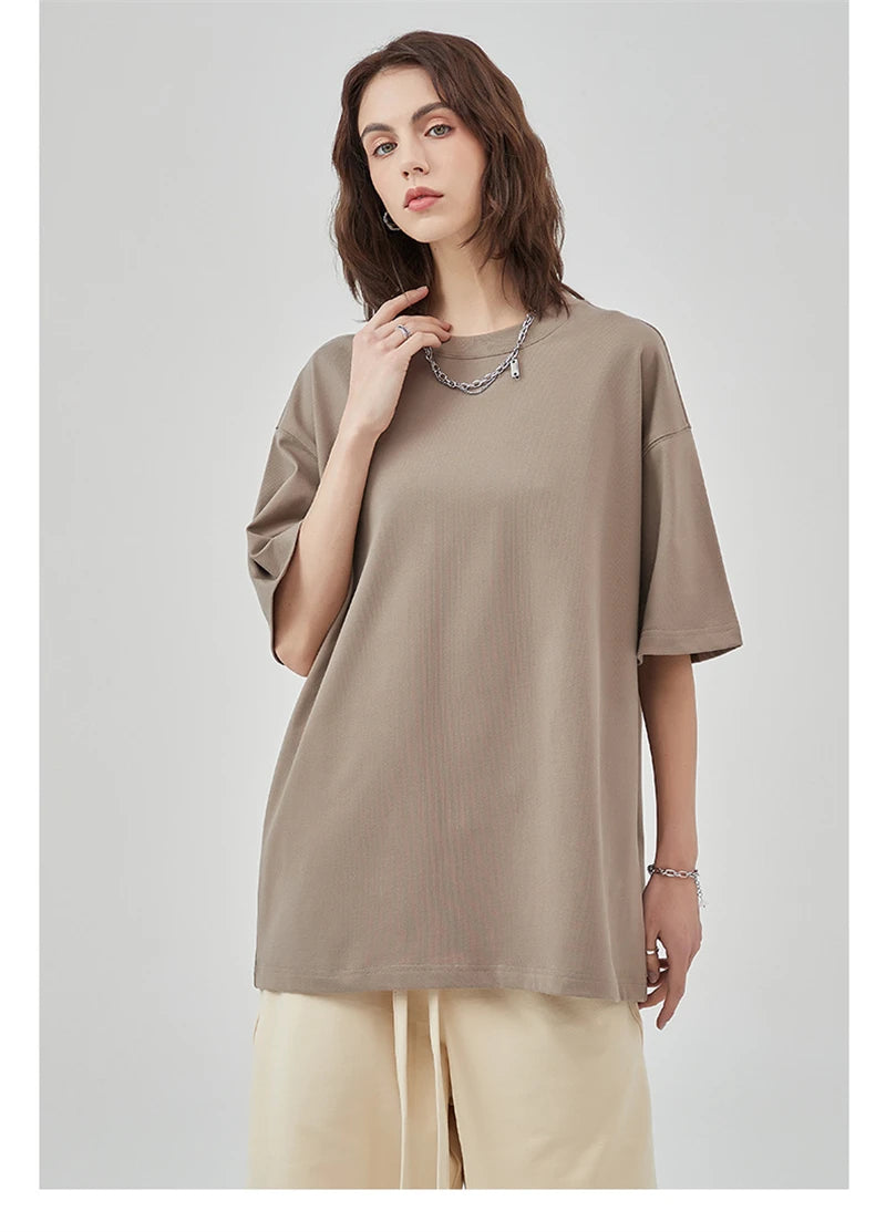 ZODF New Summer Men 100% Cotton Solid T Shirts Unisex High Street Heavy Weight 305gsm Oversized FG Noshrink T-Shirt Tops HY0165