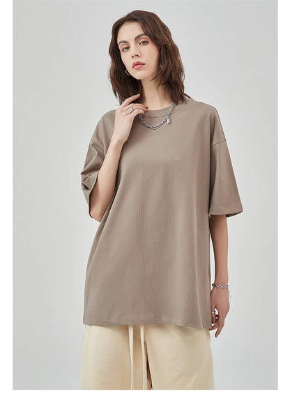 ZODF New Summer Men 100% Cotton Solid T Shirts Unisex High Street Heavy Weight 305gsm Oversized FG Noshrink T-Shirt Tops HY0165