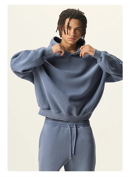 ZODF Vintage 350gsm Man Washed Boxy Fleece Hoodie Unisex Loose Ripped Warm Button Winter Hooded Pullovers Brand Clothing HY0053