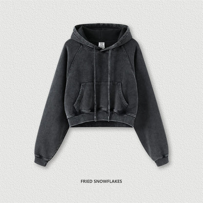 ZODF Women Hotsweet 2025 Winter Washed Fleece Crop Hoodies Girls Oversized Raglan Sleeve 400gsm Hooded Pullovers HY0648