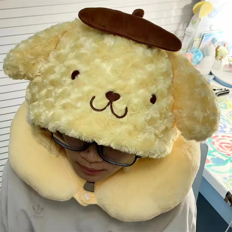 Sanrio Lovely U-shaped Hooded Neck Pillow Pochacco Kuromi My Melody Cinnamoroll Travel Blackout Pillow With Hat Portable Girl