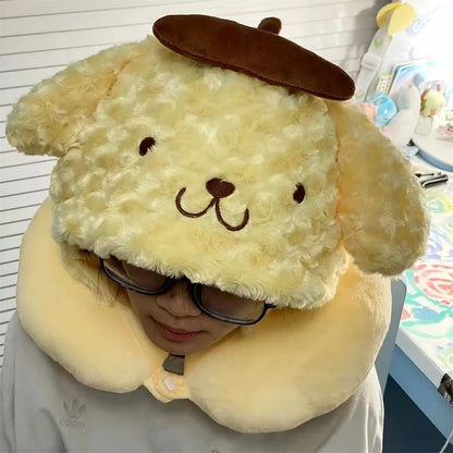 Sanrio Lovely U-shaped Hooded Neck Pillow Pochacco Kuromi My Melody Cinnamoroll Travel Blackout Pillow With Hat Portable Girl