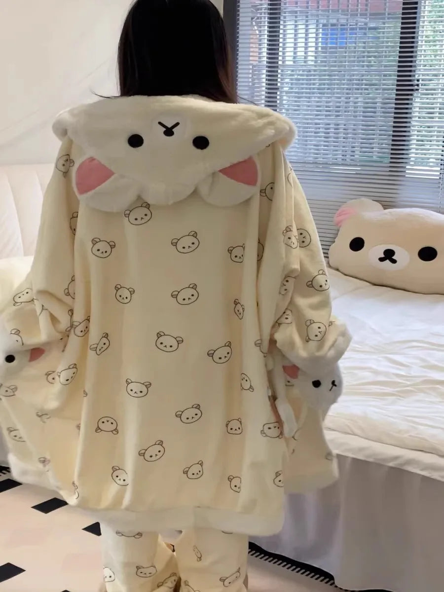 Rilakkuma Women'S Fleece-Lined Thickened Robe Coral Fleece Flannel Hooded Home Clothes Warm Nightgowns Casual Wear For Going Out