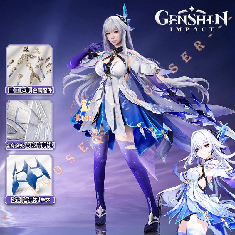 iCoser Genshin Impact Skirk Cosplay Costume Wig Dress New Skin Uniform Headwear Metal Props Halloween Party Women Girls Carnival