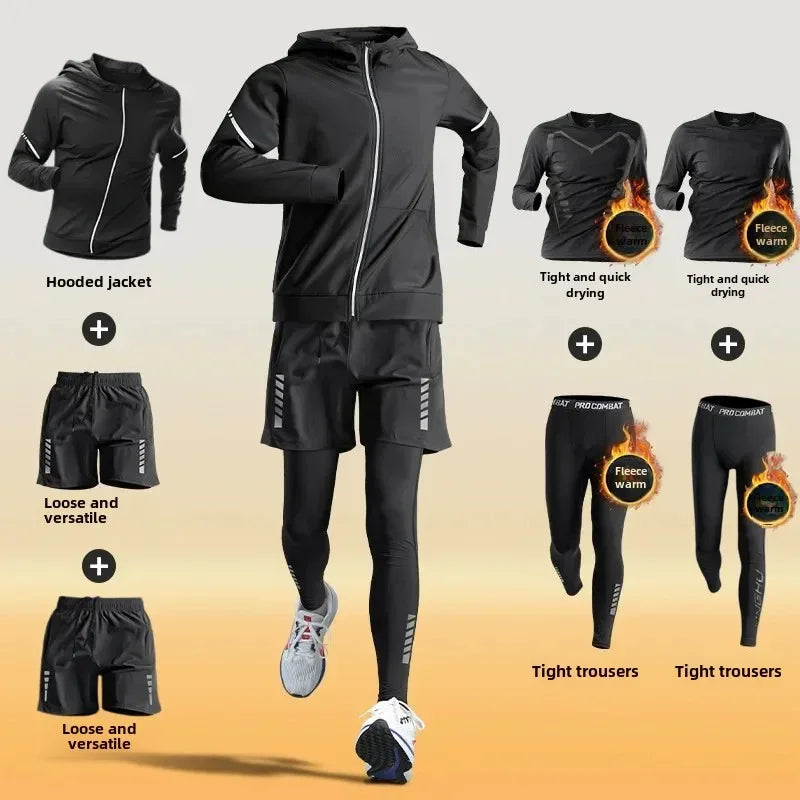 Men’s Winter Fleece-Lined Quick-Dry Warm-Up Sports Set for Running Cycling Fitness Training - 7-pcs set / M