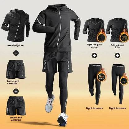Men’s Winter Fleece-Lined Quick-Dry Warm-Up Sports Set for Running Cycling Fitness Training - 7-pcs set / M
