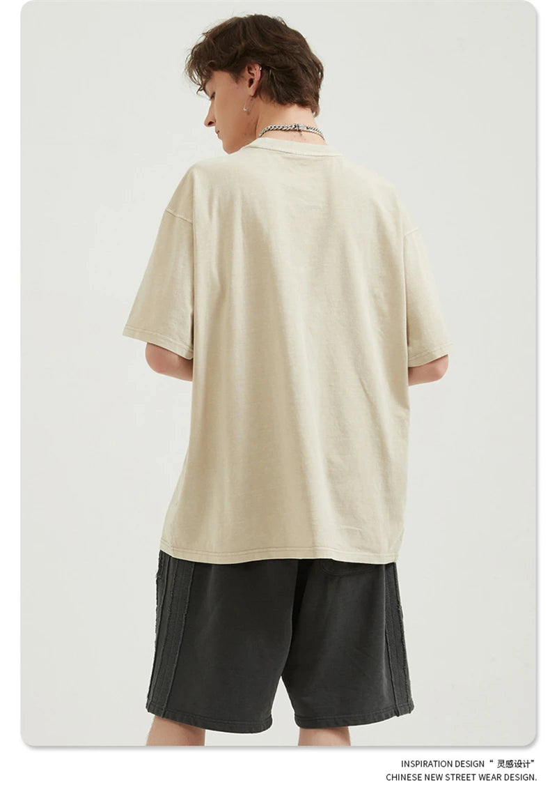 ZODF Men 2024 Retro Summer Washed Solid Cotton T-Shirts Unisex Retro Loose High Street 250gsm Basic Tees Streerwears HY0075