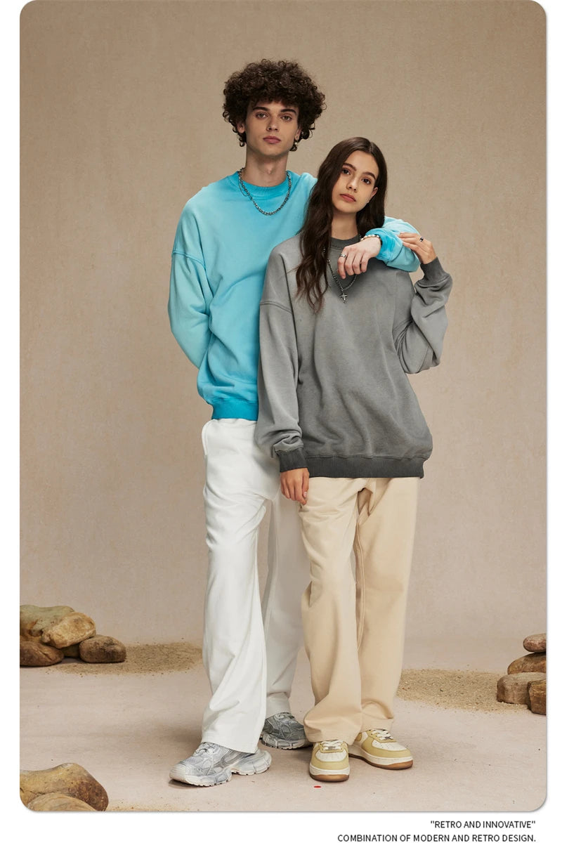 ZODF 2024 Autumn Men's Washed Sweatshirt Unisex Women Retro Solid 430gsm Terry Cotton O Neck Pullovers Coat HY0880