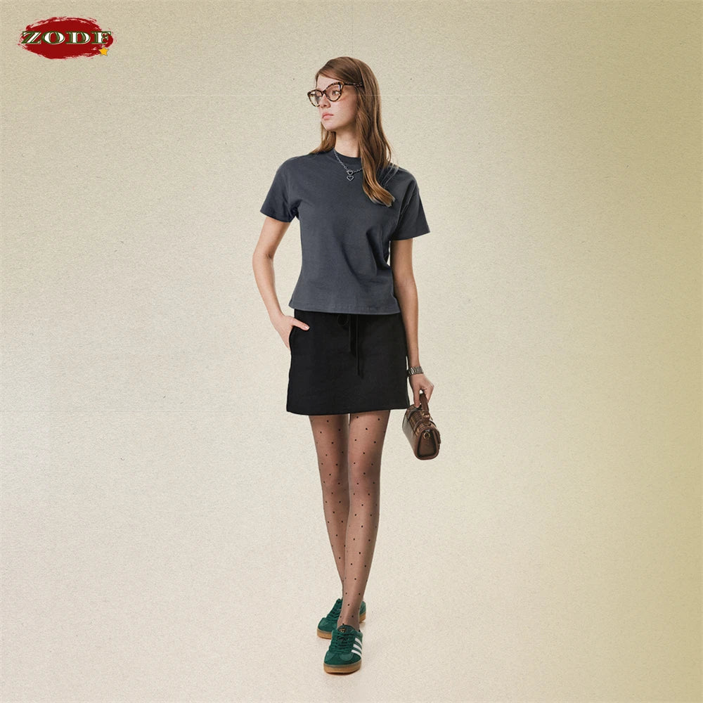 ZODF Women 2025 Summer 255gsm Cotton T-Shirts Hotsweet Girls Casual Solid Comfortable Sport T Shirt Brand Tops HY0978