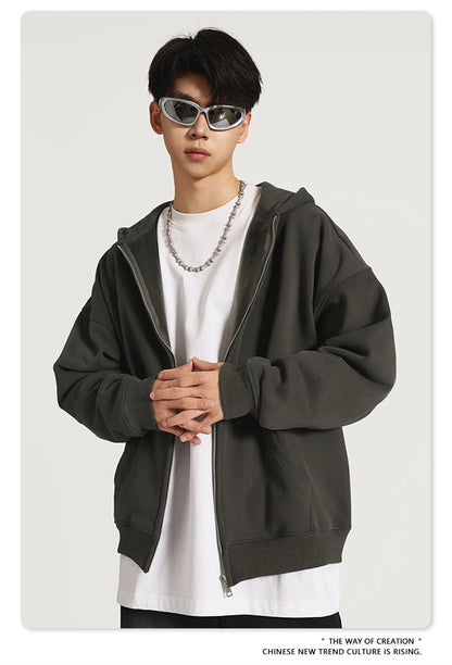 ZODF New Winter Men Zipper Fleece Hoodies Unisex Loose Heavy Weight Thick Warm Basic 420gsm Hooded Coats Hoodie HY0747