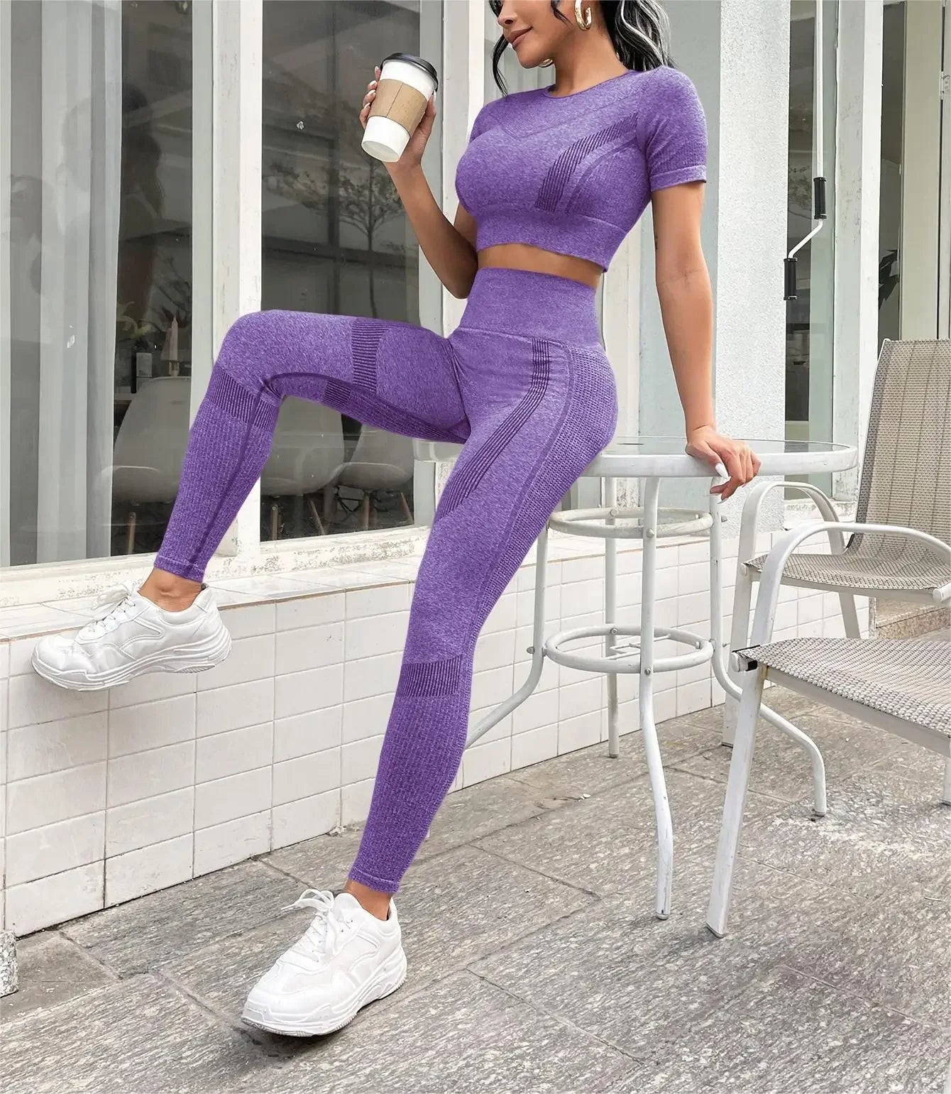2-Piece Set,Short-Sleeved Top And High-Waisted Tummy Control Long Pants Sportswear,Suitable For Outdoor Sport,Women's Sportswear