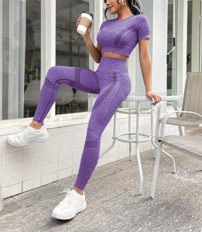 2-Piece Set,Short-Sleeved Top And High-Waisted Tummy Control Long Pants Sportswear,Suitable For Outdoor Sport,Women's Sportswear