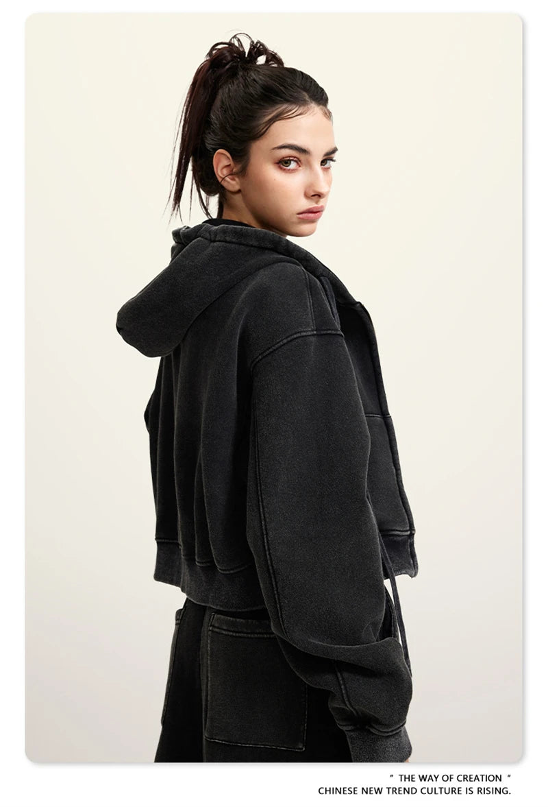 ZODF Retro 2025 Winter Women Short Zipper Hoodies Female Girls Loose 355gsm Thick Fleece Hooded Zip-up Coat Streetwears HY0448