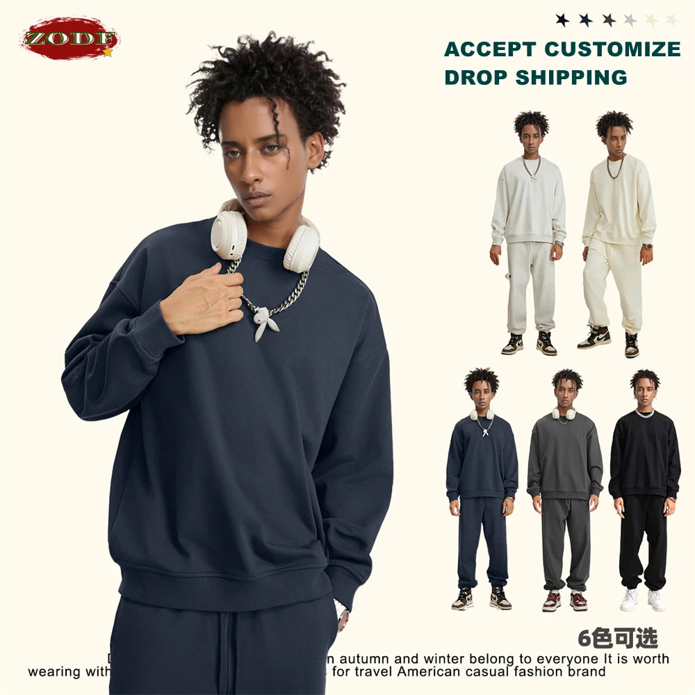 ZODF Fashion Autumn Men Solid 360gsm Sweatshirt Unisex Solid Loose Sport O Neck Pullovers Brand Clothes HY0938
