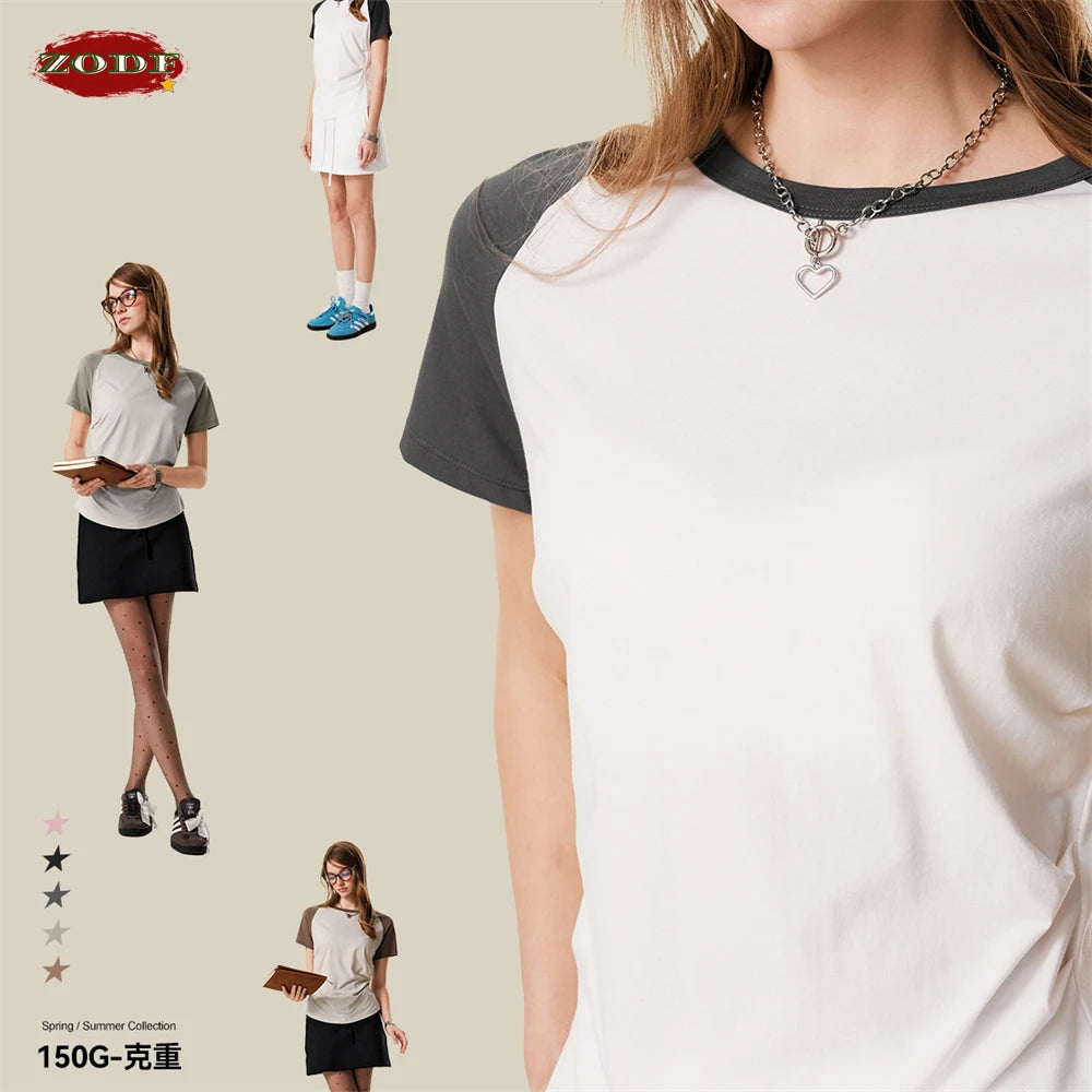 ZODF Hotsweet Summer Women Raglan Sleeve T-Shirts Girls Slim Fit 150gsm Casual Patchwork O Neck T Shirt Brand Tees HY1021