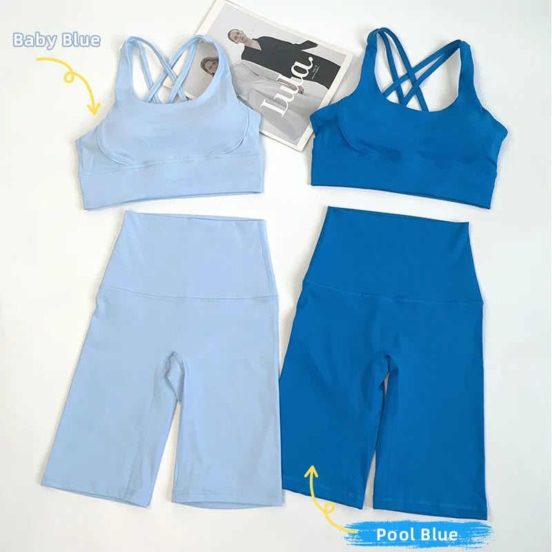 2 Pieces Yoga Shorts Gym Sports Sets Women Fitness Suits Cross Back Bra Top High Waist Shorts Running Workout Clothes Tracksuit