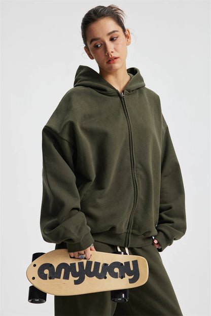 ZODF Trendy Winter Man Warm 430gsm Fleece Zipper Hoodies Unisex Solid Loose Zip-Up Hooded Coats Brand Outfit HY1130