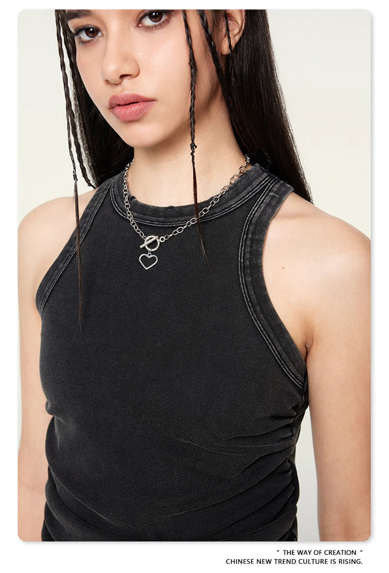 ZODF Women 2024 Summer Washed Tank Tops Female Hotsweet Girls 235gsm Slim Pleated Arc Hem Camisole TEE Streetwears HY0795