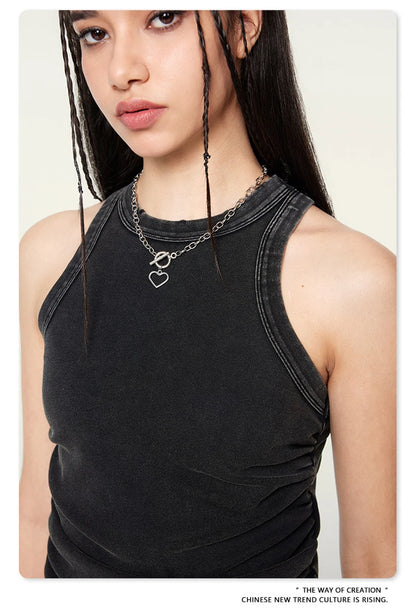 ZODF Women 2024 Summer Washed Tank Tops Female Hotsweet Girls 235gsm Slim Pleated Arc Hem Camisole TEE Streetwears HY0795