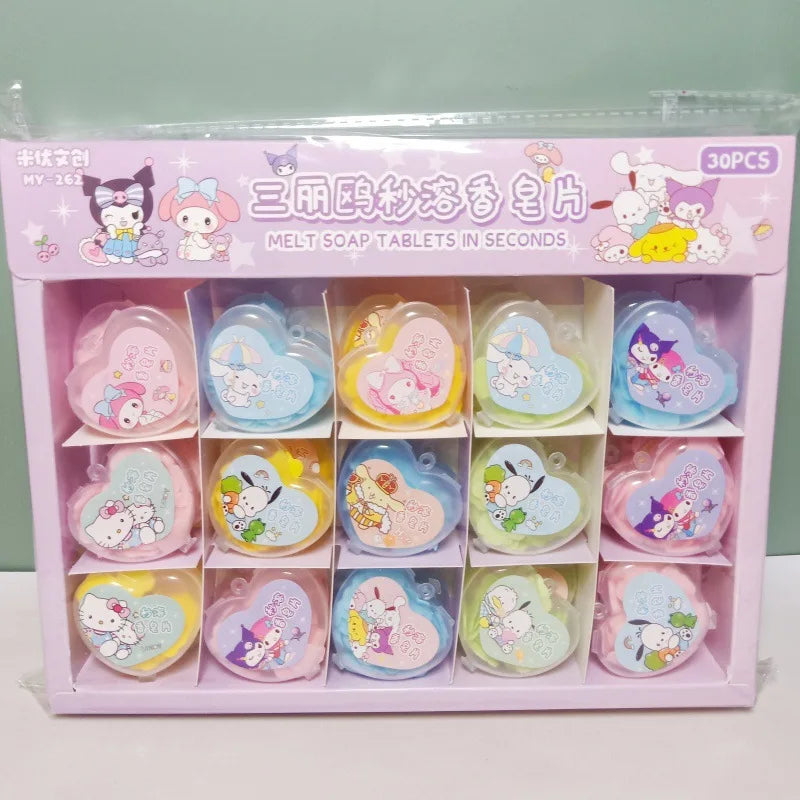 New 30pcs Sanrio Heart-Shaped Boxed Soap Flower Hand Wash Tablets Cartoon Kuromi Melody Colorful Petals Portable Disposable Gift