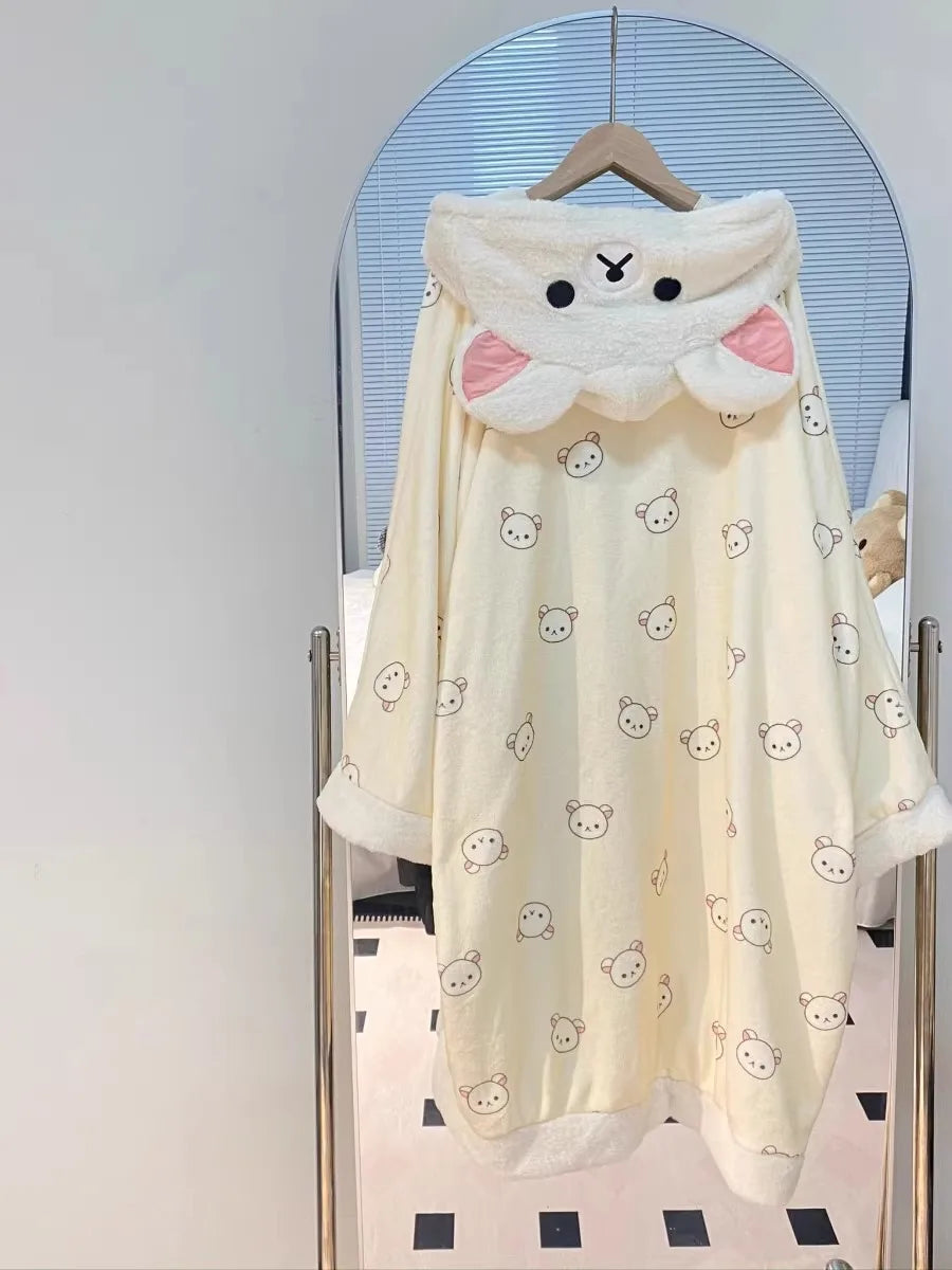 Rilakkuma Women'S Fleece-Lined Thickened Robe Coral Fleece Flannel Hooded Home Clothes Warm Nightgowns Casual Wear For Going Out